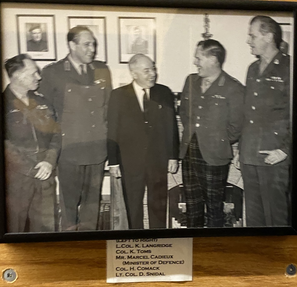 (Left to right)
Lt. Col. K. Langridge
Col. K. Toms
Mr. Marcel Cadieux (Minister of Defence)
Col. H. Comack
Lt. Col D. Snidal