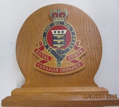 A Royal Canadian Ordnance Corps (RCOC) desk plaque, donated by former Supply Officer LCol Reg Churchward